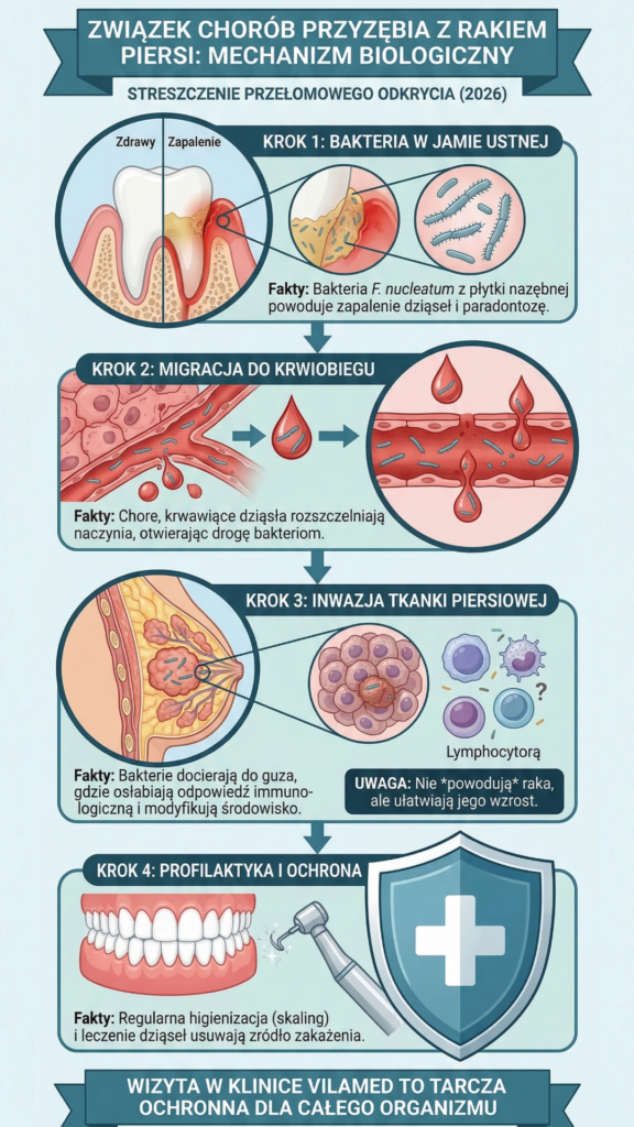 Infografika, nt. związku chorób zębów z nowotworem piersi